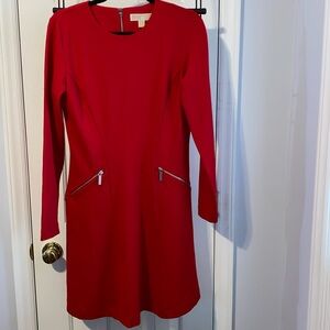 Michael Kors dress, red, long sleeve, has pockets, poly, viscose, elastane